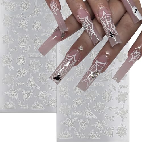 8 Sheets Halloween Nail Art Stickers Spider Nail Decals 3D Self-Adhesive Black and White Spider Web Spiders Nail Sticker Halloween Holiday DIY Salon Manicure Decoration Stickers for Women - style: Cute