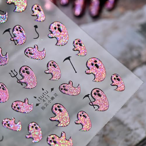 Pink Holographic Glitter Ghost Nail Stickers Self Adhesive Spooky Ghost Nail Art Decals with Mini Devil Pitchfork Waterproof Halloween DIY Manicure Decor Supplies for Women Girls Salon Acrylic Nails - color: Glitter Ghost