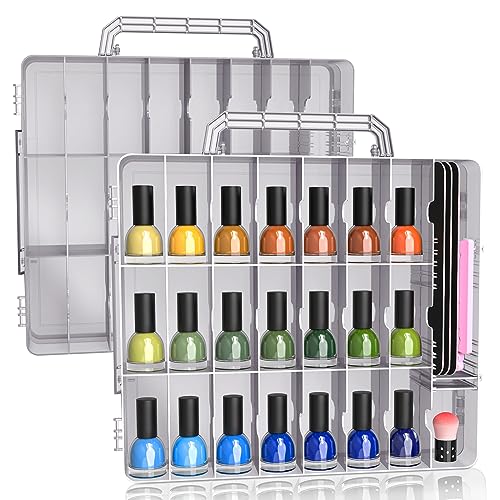SUBAY 2 Pcs Portable Nail Polish Organizer, Clear Double Side Nail Polish Holder,Gel Nail Storage for 48 Bottles with 6 Adjustable Dividers in Each Side Space Saver Grey - size: 2 Pcs Grey