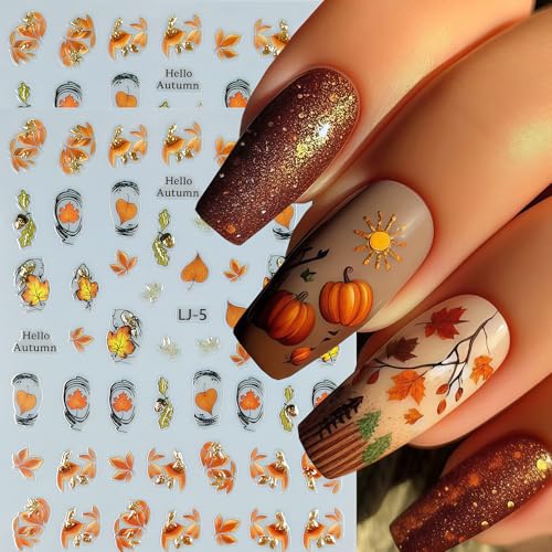 6 Sheets Fall Nail Stickers Thanksgiving Nail Decals 3D Self-Adhesive Glitter Autumn Maple Leaves Pumpkin Design Stickers Fall Maple Leaf Nail Art Sticker for Women Holiday DIY Manicure Decoration - style: Thanksgiving