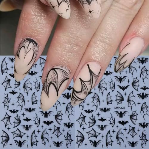 Halloween Black Bats Nail Art Stickers Bat Wing Nail Art Decals 6 Sheets 3D Self-Adhesive Bats Nail Stickers Black Dragons Dragon Wings Nail Designs for Women Halloween Nail Supplies Decorations - color: Halloween Style8