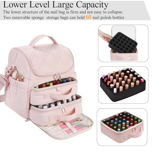FCQQYWZ Nail Polish Organizer with 2 Detachable Cases Hold 60 Bottles & Nail Lamp, Portable Nail Organizers and Storage with Handle & Shoulder Strap, Travel Nail Bag for Manicure Tools - color: 60-Bottles-Pink