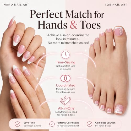 48pcs Pink French Tip Press on Nails and Toenails Set, Almond Fake Nails with White Flower Designs, Full Cover False Toe Nails Combo Kit, Sweet Floral DIY Manicure & Pedicure for Women - color: Flower Pink French