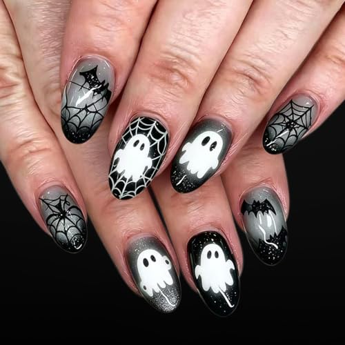 Halloween Press On Nails, Almond Ghost Bat Spiderweb Design, Black Gray - color: style 22
