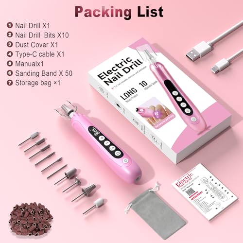 Electric Nail File Drill, 3000MAH Cordless Electric Nail Drill, Rose Pink