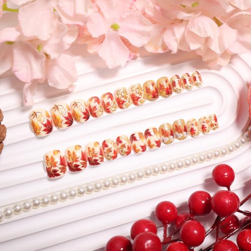 Fall Press on Nails Short Almond Maple Leaf Gold Foil Fake Nails