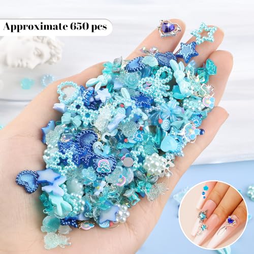 650Pcs Cute 3D Resin Nail Charms and Gems Blue Rabbit Bow Butterfly Charms - color: Blue