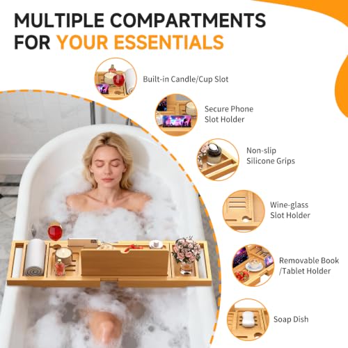 Bathtub Tray Caddy Fits Most Tubs Adjustable 23-34'' Beige - color: Beige 2