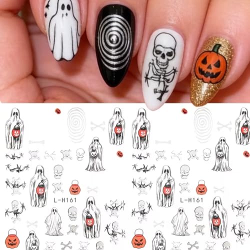 Halloween Nail Art Sticker Pumpkin Ghost Nail Sticker 6Pcs French 3D Self-Adhesive Spider Web Skeleton Spider Castle Nails Decal Witch Skull Nail Supplies Accessories for Halloween Manicure Decoration - color: Ghost Man