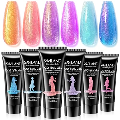 SAVILAND Hema-Free Poly Gel, 6 Shimmer Colors for Beginners Home Salon DIY - color: 05- 6 Shimmer Colors Peach Pink Blue Purple