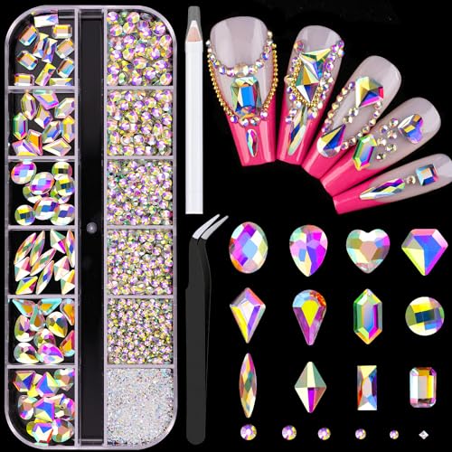 2060Pcs AB Glass Nail Rhinestones 60Pcs Multi Shapes Flatback Nail Gems + 2000Pcs 1.5-4mm Round Crystal, Manicure Nail Charms Diamond Gemstones for Acrylic Nails Decoration - color: 12 AB Crystal, size: 1 pack