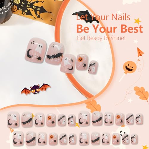 Halloween Press on Nails Cute Little Ghost Pumpkin Designs False Nails Extra Short Square Bats Fake Nails Glue on Nails Pink Glossy Acrylic Nails Full Cover Halloween Stick on Nails for Women 24 Pcs - color: Style 16