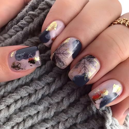 Fall Maple Leaves Press On Nails Short Square Fake Nails Press Ons With Gold Foil Design Glue On Nails Ink Wash Style Autumn Stick On Nails Full Cover Acrylic False Nails For Women Nail Decor - color: design-2