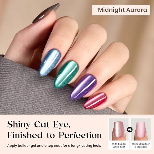 Beetles X Press Cat Eye Nails - 7 Colors Medium Almond Press On Nails - color: 4 - Midnight CatEye - M