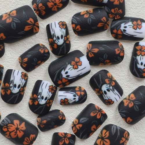 Halloween Yellow Flowers Press on Nails Short Square Fake Nails with Cute Little Ghost Designs Black Matte Artificial Nails Full Cover Stick on Nails Halloween Glue on Nails for Women Nail Art DIY - color: Style 11