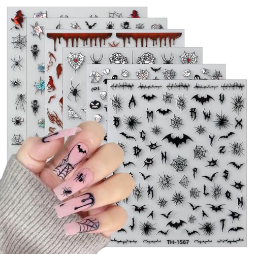 6 Sheets Halloween Nail Art Stickers Self Adhesive Horror Goth Nail Decals Bat Spiders Rose Spider Web Skull Ghost Nails Design Supplies Halloween Nails Decoration for Women Manicure Accessories - style: spider web bat