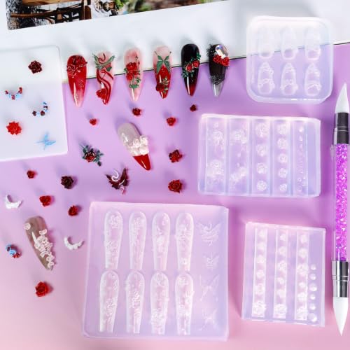 Laza 4pcs 3D Flower Mold for Nails, Multiple Rose Shapes Nail Molds - color: Blooming Rose Ripple