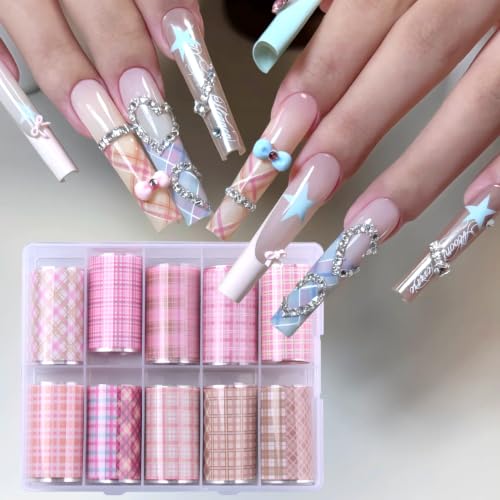 10 Rolls Plaid Nail Art Transfer Foil Pink Plaid Checkered Designs - color: Pink Plaid