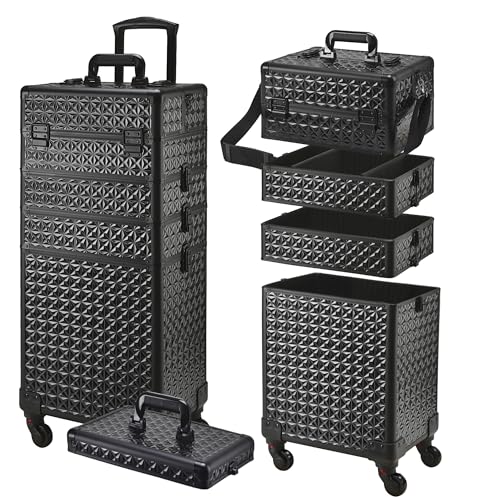 Rolling Makeup Case, Makeup Train Case with Lid, 5 in 1 Cosmetology Case on Wheels, Christmas Gift, Large Makeup Case Organizers, Profesional Cosmetic Case for Salon Barber,Black - color: Black