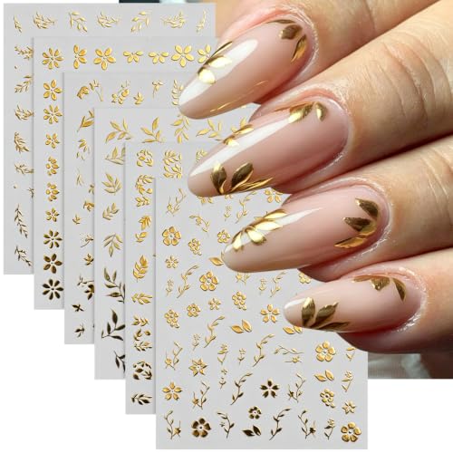 12 Sheets Gold & Silver Nail Stickers, Flower & Leaves 3D Nail Decals - color: Style-28