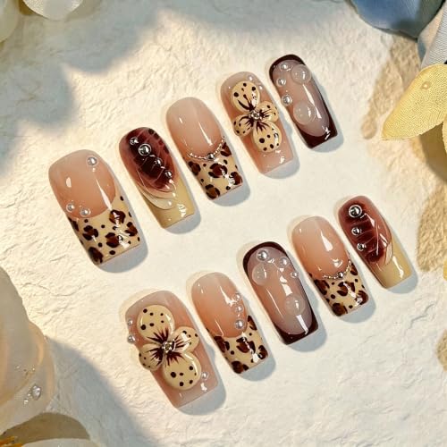 Medium Square Press on Nails,3D Flower Handmade French Fake Nails - color: style12