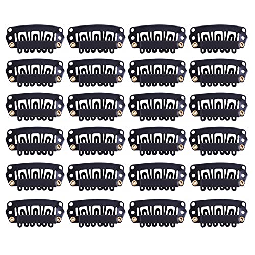 YANTAISIYU 24 Pcs/Lot 28mm 6-Teeth Black Metal Clips with Rubber U-Shape Snap Clips for Hair Extension Hairpiece - color: Black, style: 28mm 24pcs U-shape
