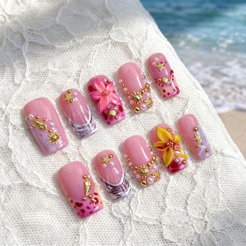 Press on Nails Medium Coffin Pink 3D Flower Handmade False Nalis - color: style18