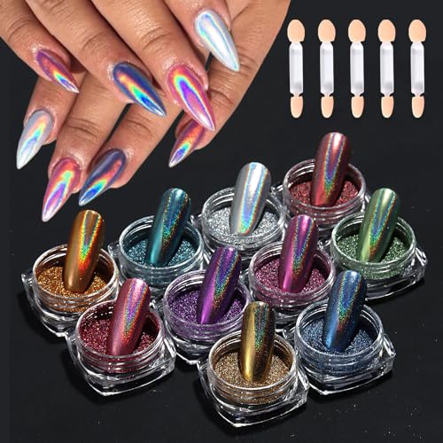 10 Colors Holographic Nail Powder, Holo Aurora Iridescent Metallic Mirror Laser Effect Chrome Pigment Glitter Dust for Salon Home Nail Art DIY Decorations - color: 10pcs Holographic Powder