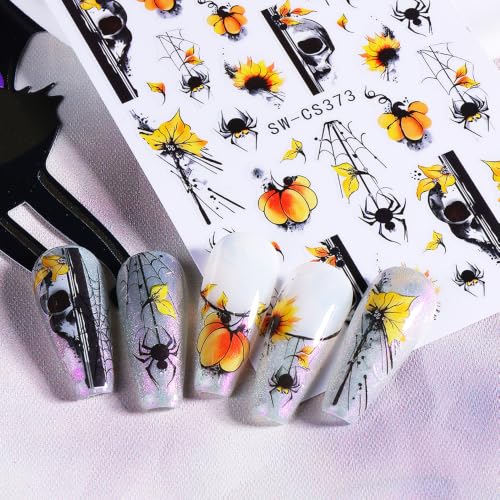Halloween Nail Art Sticker Spider Web Nail Sticker 6Pcs Water Ink 3D Self-Adhesive Spider Web Skull Spider Pumpkin Nails Decal Sunflower Nail Supplies Accessories for Halloween Manicure Decoration - color: Skull Pumpkin