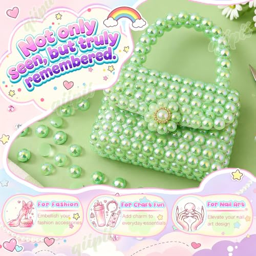 qiipii 2mm-10mm Light Green AB Flatback Half Round Pearls Gems Nail Charms - color: Light Green, size: AB Coating Half Pearls