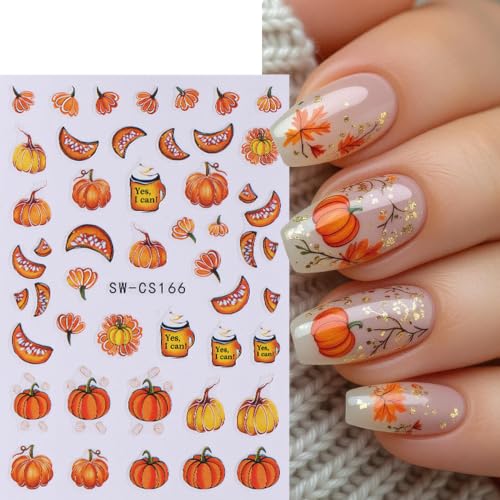 6 Sheets Fall Nail Stickers 3D Self-Adhesive Thanksgiving Nail Decals Autumn Maple Leaf Nail Art Stickers Pumpkin Fruit Fallen Leaves Sunflower Nail Design for Women Holiday DIY Manicure Accessories - color: Fall