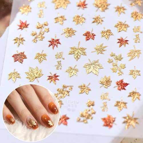 Fall Nail Stickers for Nail Art Autumn Maple Leaves Nail Decals 5D Embossed Thanksgiving Day Gold Maple Leaf Nail Art Supplies Red Leaf Nails Accessories for Women - color: Decals-h