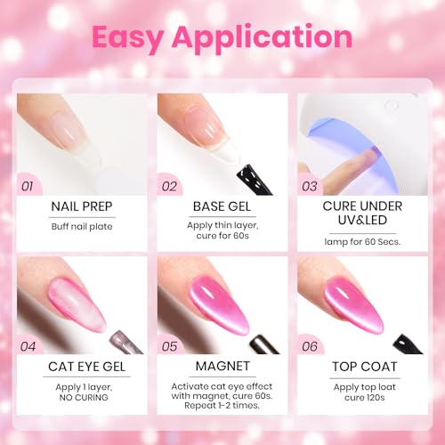Beetles Hot Pink Cat Eye Gel Nail Polish - Pitaya Glow 15ML Full Size Glitter Pink Cat Eye Summer Gel Polish Magnetic Shimmer Effect Soak Off UV Nail Art Design Salon DIY Manicure Gift for Women - color: B - Hot Pink | Pitaya Glow