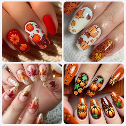 6 Sheets Fall Nail Stickers Thanksgiving Nail Decals 3D Self-Adhesive Glitter Autumn Maple Leaves Pumpkin Design Stickers Fall Maple Leaf Nail Art Sticker for Women Holiday DIY Manicure Decoration - style: Thanksgiving
