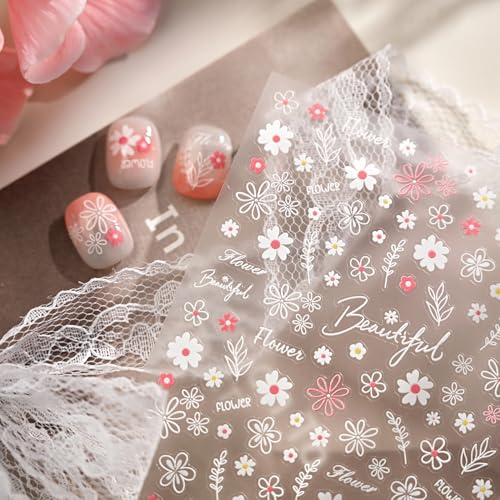 1 Sheet Flower Nail Art Stickers Floral Daisy Nail Decals Pink White Cute Daisy Small Flower Spring Summer Nail Design Daisy Floral Manicure Nail Supplies for Women DIY Nail Decorations Accessories - style: pink daisies