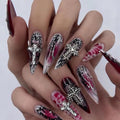 MISUD Press on Nails - Long Stiletto Glue on Nails with Goth Red Black, Acrylic Gothic Corss Design 24 pcs - color: 02301Black&Red