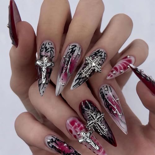 MISUD Press on Nails - Long Stiletto Glue on Nails with Goth Red Black, Acrylic Gothic Corss Design 24 pcs - color: 02301Black&Red