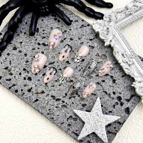 Halloween Press on Nails Medium Almond Fake Nails Spider Web Gothic Art - color: Halloween Press on Nails 02