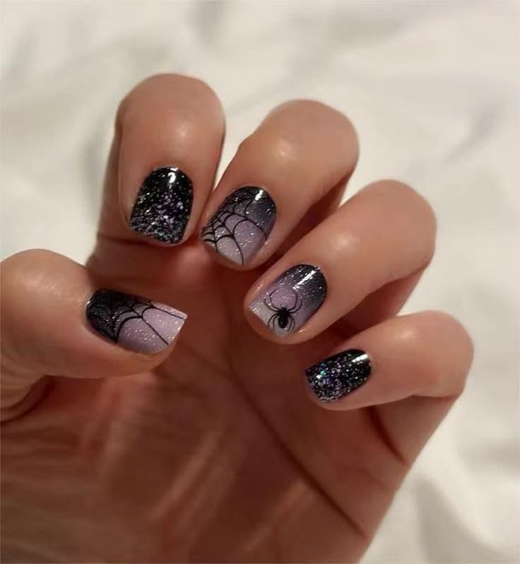 Halloween Press on Nails Square Shaped Fake Nails Cobweb & Spider False Nail with Glitter Designs Halloween Glue on Nail Black Bling Artificial Acrylic Nails for Women 24Pcs - color: Halloween style 07