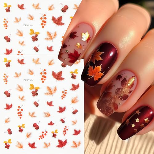6 Sheets Autumn Nail Art Stickers Fall Maple Leaves Nail Stickers 3D Self-Adhesive Thanksgiving Pumpkin Pattern Nails Sticker Fall Glitter Leaf Nail Decals Holiday DIY Nails Manicure for Women - style: Pumpkin