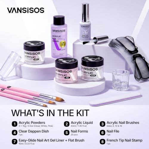 Acrylic Nail Kit - 40ml Low-Odor Acrylic Liquid 3 x 15g Powders (White, Clear, Pink) and 10ml Gel Liner for Nail Extensions Nail Stamper for French Nails - size: Acrylic nail kit-f