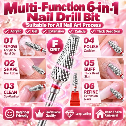 Tungsten Carbide Nail Drill Bit, 3/32" Shank Professional Tapered Nail File Bit for Acrylic Nails, Gel Polish Remover, Cuticle Clean, Manicure Pedicure Tool (Fine - F)