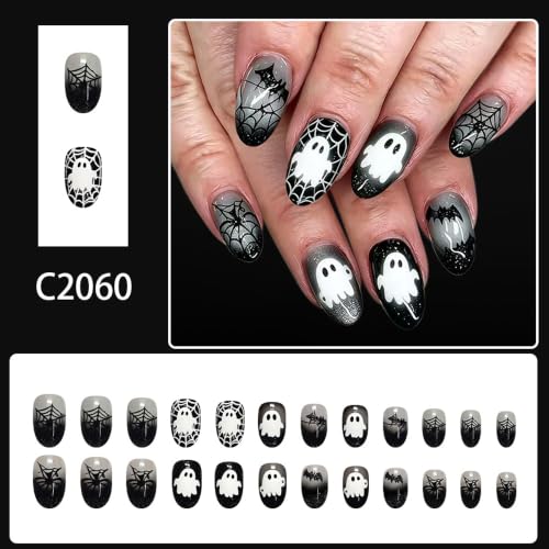 Halloween Press On Nails, Almond Ghost Bat Spiderweb Design, Black Gray - color: style 22