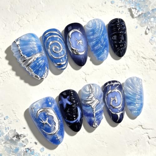 30Pcs Goth Press On Nails Short Almond Fake Nails Y2K Dark Blue Starry Sky Acrylic Nails with 3D Chrome Silver Moon Star Swirl Design Reusable Full Cover Glue on False Nails for Women Manicure - color: special Gothic-16