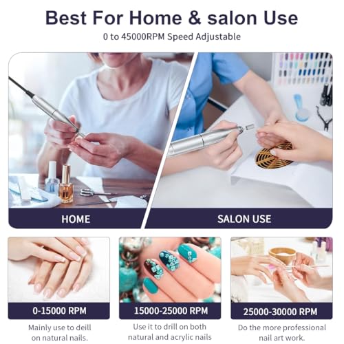 Electric Nail Drill, 45000rpm Portable Electric Nail File, Rechargeable Nail Drill with Bits & Base for Acrylic Gel Nails, Electric File Machine, Manicure Polishing for Home/Salon (White) - color: White
