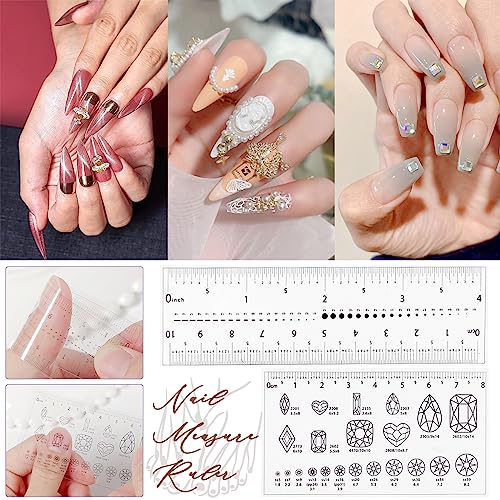 4-Piece Nail Measurement Ruler with Rhinestones - Measuring Tool for Acrylic Nails and DIY Manicure