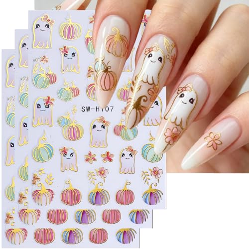 Halloween Pumpkin Nail Art Stickers Gilded Pumpkin Ghost Nail Art Decals 3D Self-Adhesive Glitter Pumpkins Nail Stickers Colorful Ghost Flower Nail Design for Women Thanksgiving Nail Supplies 3 Sheets - color: W12