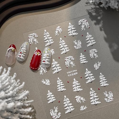 Christmas Nail Stickers for Nail Art Relief Christmas Tree Nail Art Stickers Holiday 5D Embossed White Nail Decals Self-Adhesive Nails Supply Manicure Sliders for Nails Decoration - color: White Christmas Tree