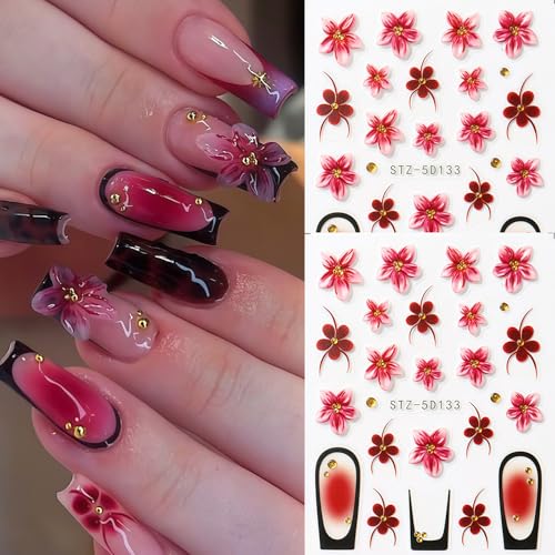 Flowers Nail Art Stickers Decals 5D Embossed Self-Adhesive Summer Flowers Nail Stickers French Tip Design Nail Decals Spring and Summer Flower Sticker for Women DIY Manicure Decoration Supplies - style: Flowers
