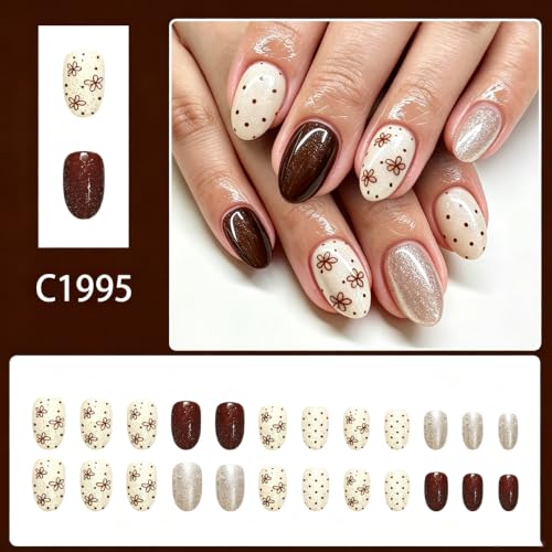 Short Oval Press on Nails for Women, Brown Fall Fake Nails, 24Pcs - color: Color-33